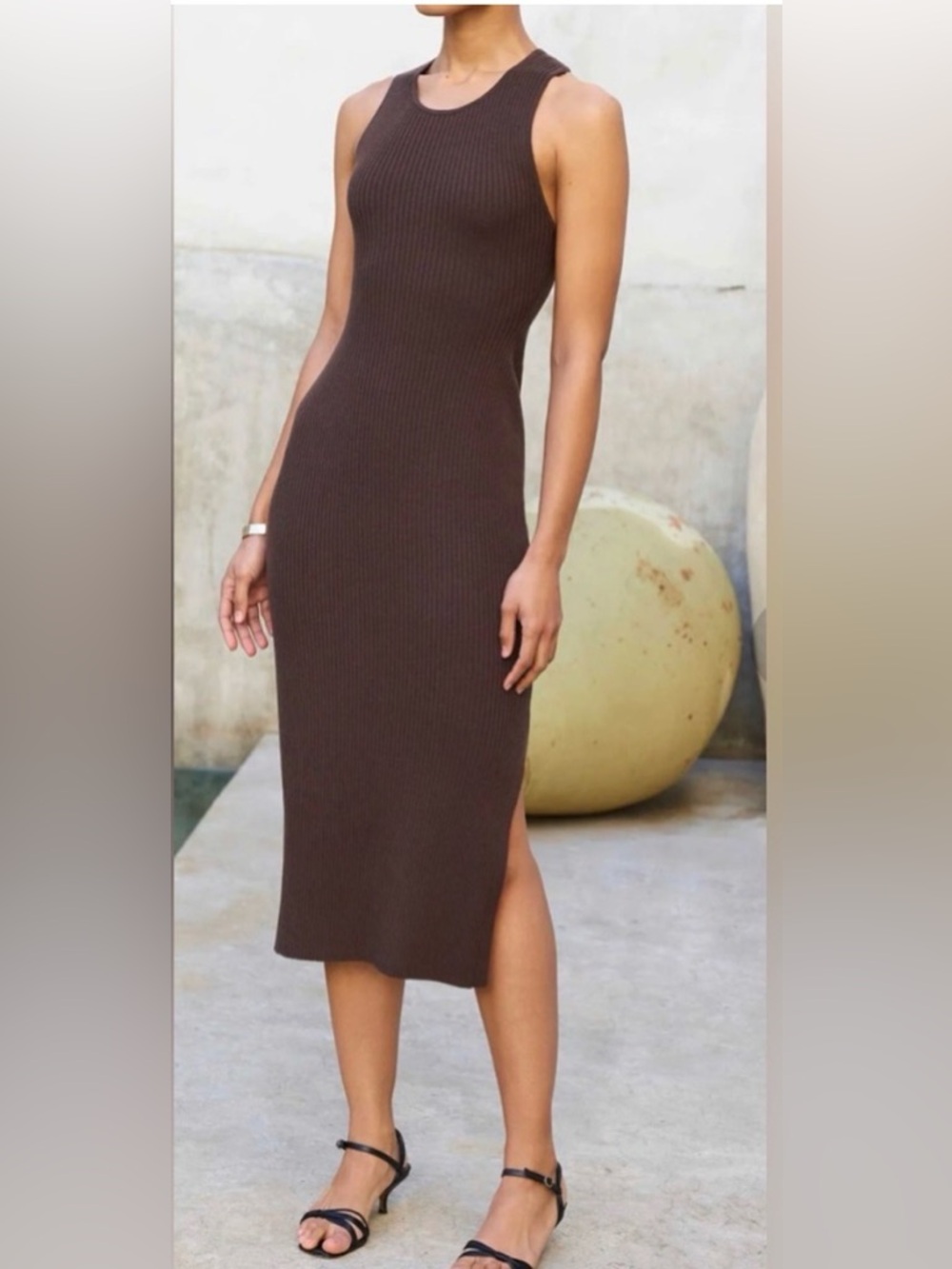 AYR Brown Ribbed Cross-Back Midi Dress - Picture 2 of 7